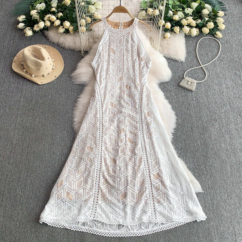 European and american fashion hollow-out lace round neck sleeveless dress - women's summer high-waisted slimming beach vacation style sundress