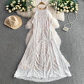 European and american fashion hollow-out lace round neck sleeveless dress - women's summer high-waisted slimming beach vacation style sundress