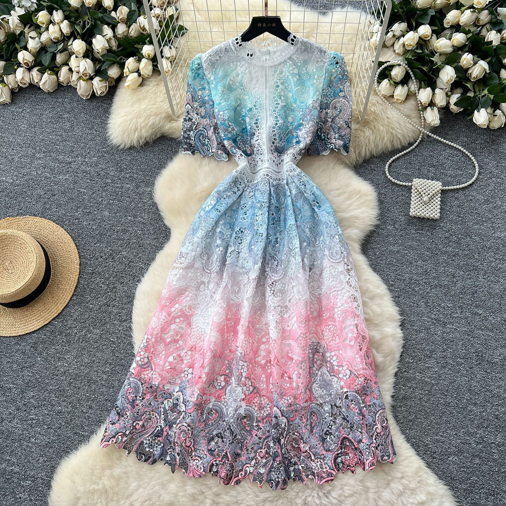 French retro chic crochet lace bubble sleeve dress - women's slimming, figure-flattering, elegant maxi dress