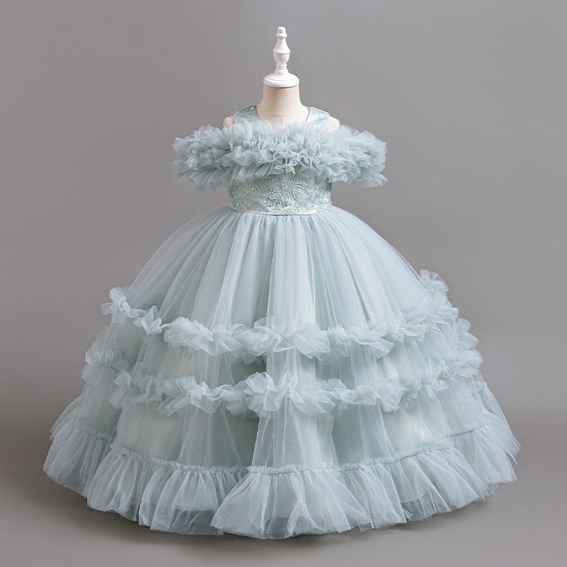 Export cross-border fashion style girl dress long piano performance flower girl wedding dress tutu skirt birthday in stock hot sale