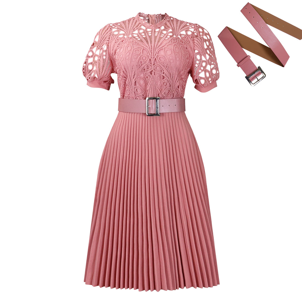 D499 european and american style women's  new short-sleeve lace trim pleated african dress - cross-border evening gown