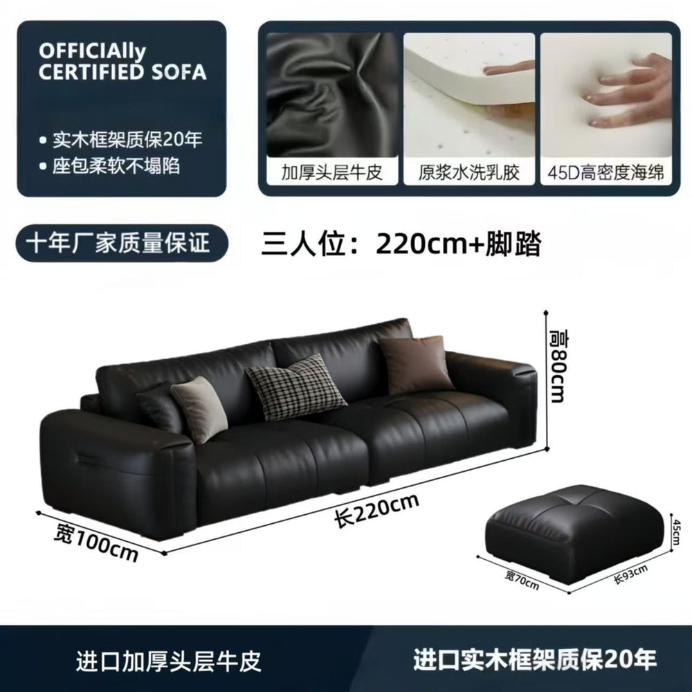 Italian minimalist genuine leather sofa, perfect for small apartments. black, top-grain cowhide, straight-row, high-end leather sofa for home living rooms