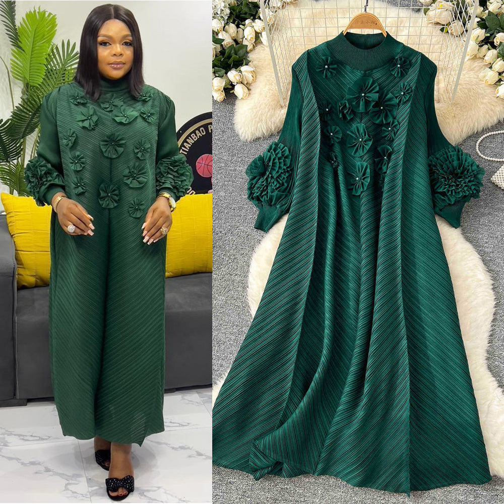 Miya pleated dress - spring  collection: high-end beaded, 3d floral, lantern sleeve, loose fit, pleated maxi dress