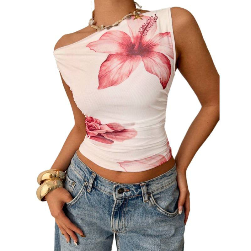 Women's printed one-shoulder ruched slim-fit cropped tee, casual everyday wear, women's spring/summer fashion top