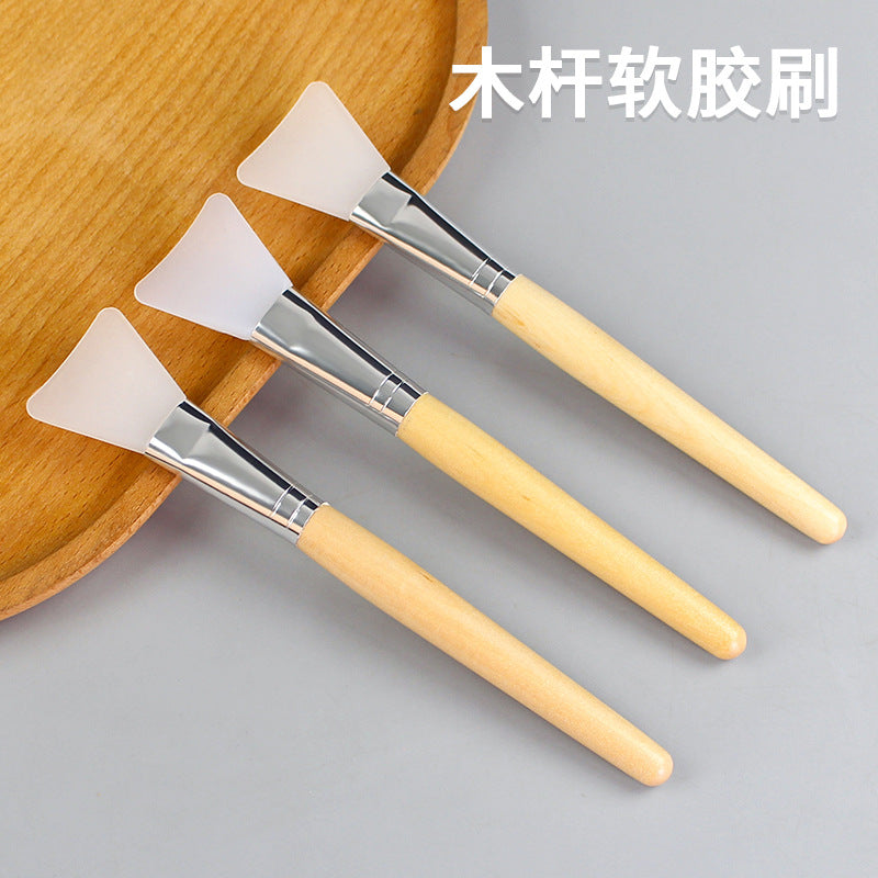 Beauty salon wooden handle silicone mask brush diy facial mask application tool wooden pole makeup brush soft head silicone brush