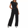 2024 european and american amazon new arrival: solid color casual set - ruched short sleeve top & high-waisted wide leg pants tracksuit