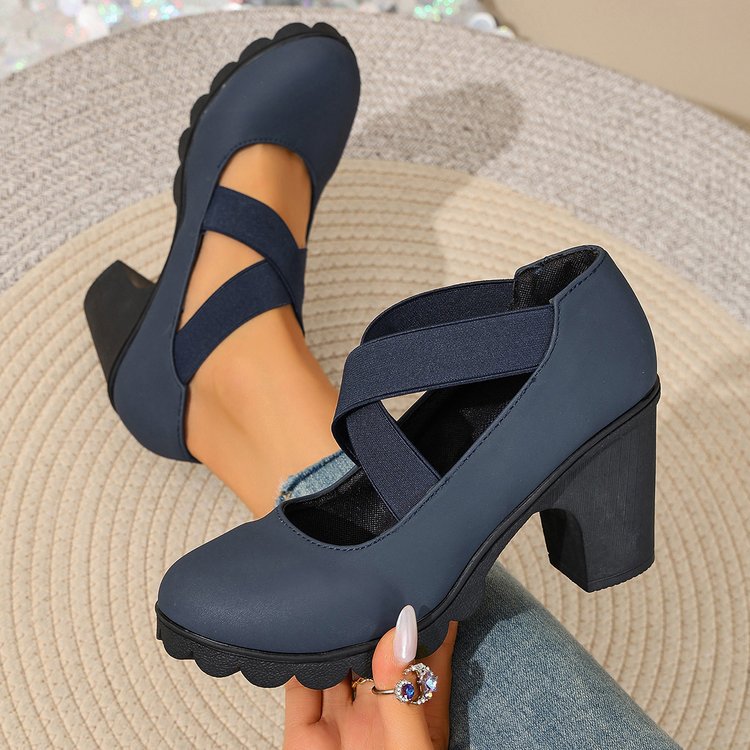 Export  new arrival women's retro mary jane shoes thick heel round toe high heel elastic band flatsplus size cross-border women's shoes