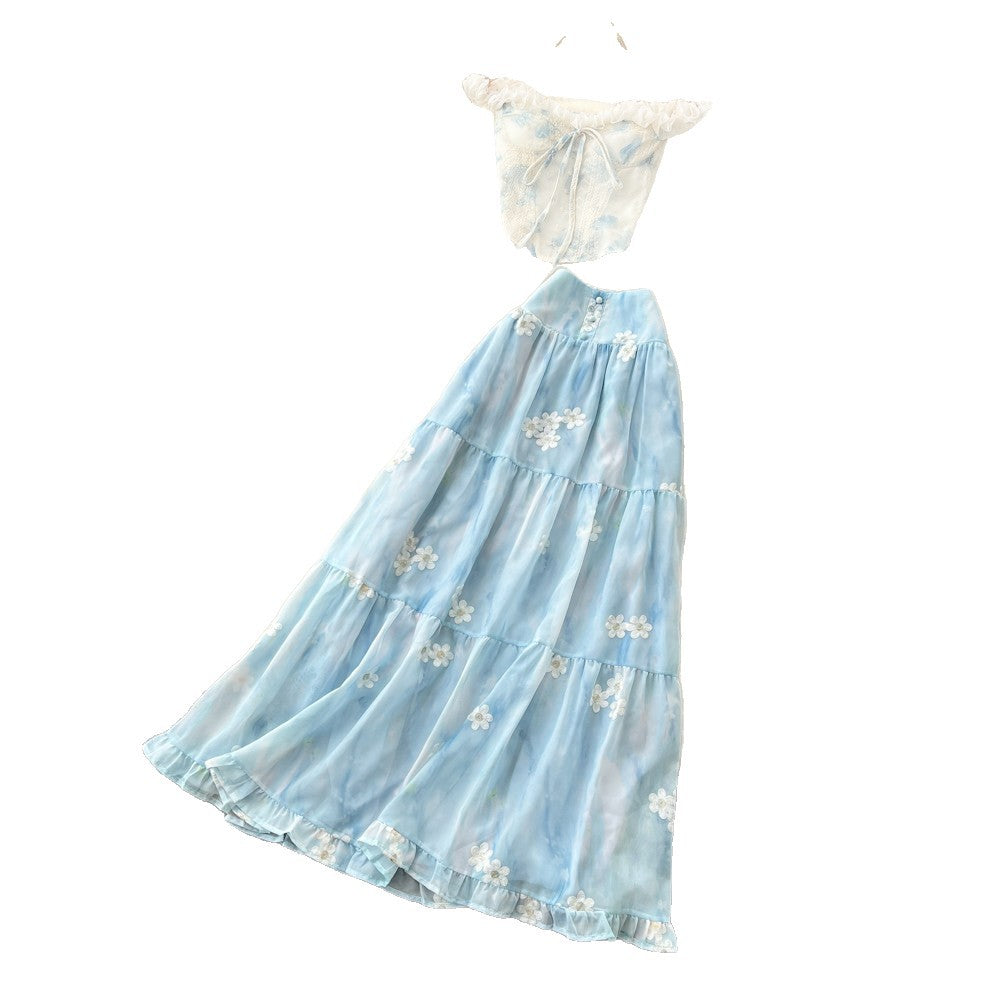 French sweet lace camisole and floral cake skirt two-piece set - women's summer slim-fit vacation outfit