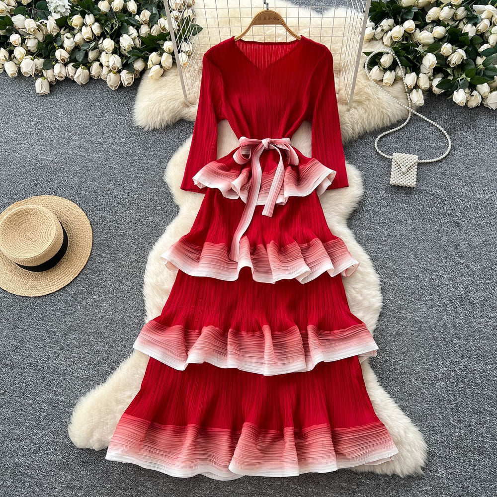 Miya pleated dress - women's  new arrival: high-end tie-waist gradient ruffle pleated maxi dress