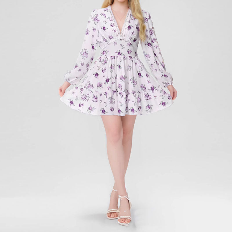 cross-border e-commerce women's fashion: european and american summer new arrivals - elegant and sweet printed v-neck lace mini dress