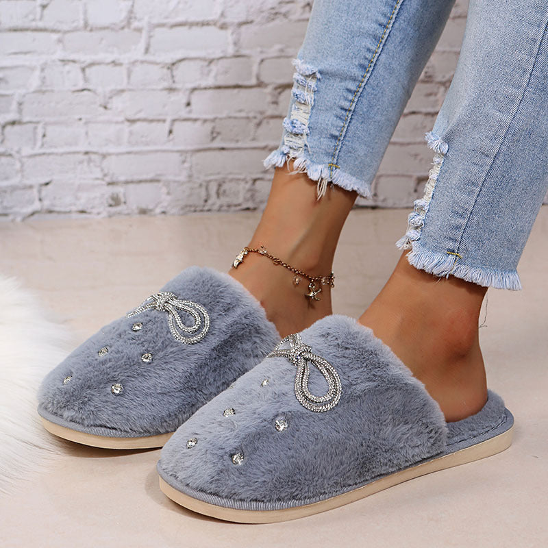 Rhinestone bow slippers women's 2024 new korean style closed-toe fuzzy slippers trendy autumn/winter indoor/outdoor cotton slippers