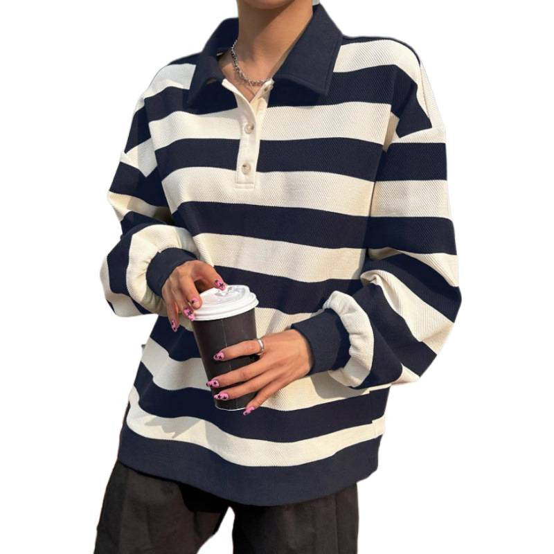 Long sleevest-shirt women's sweatshirtpolo collarautumtrendy brand lapeltrendy youth easiest for matchhandsomestripes