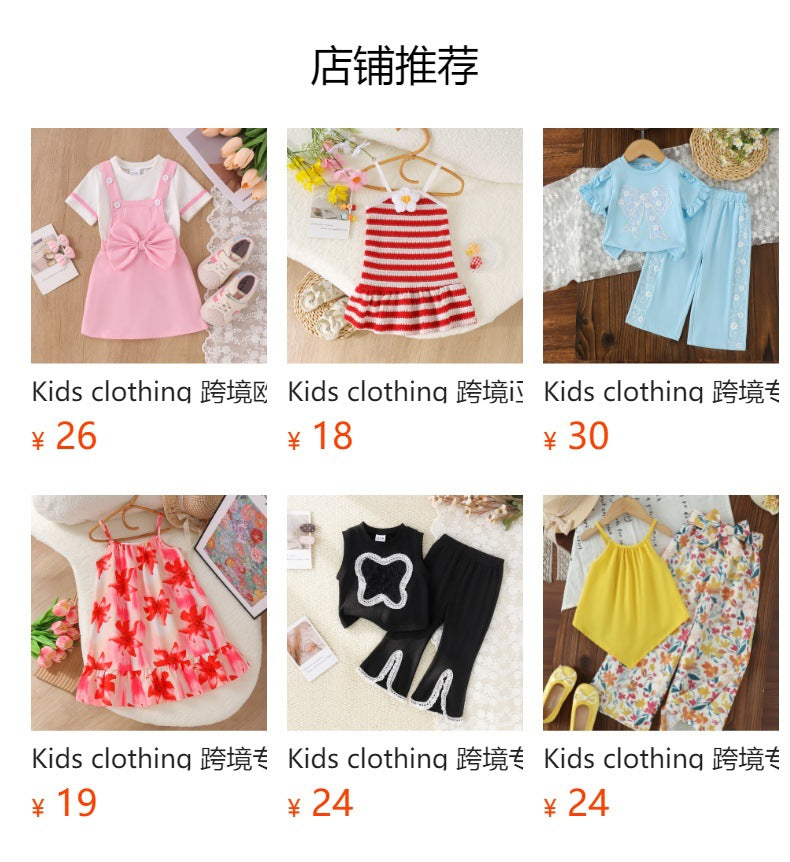 Children's clothing cross-border european and american girl rose red short-sleeved tops + blue pants two-piece set