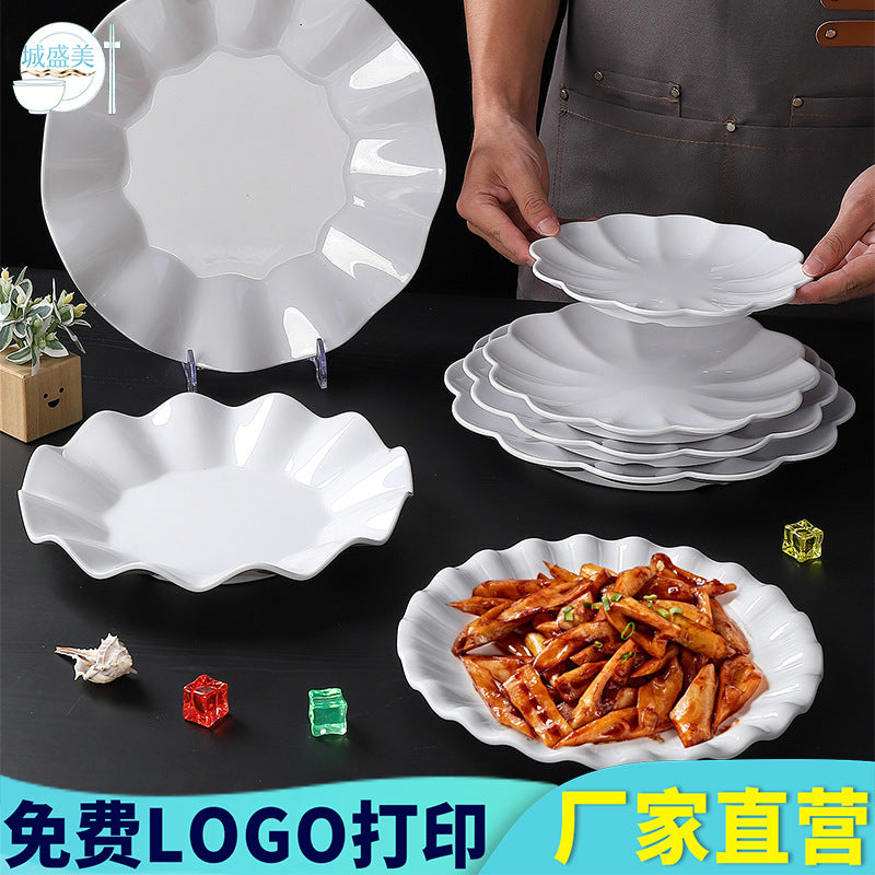 Melamine plate commercial hotel restaurant lace round plate resistant to falling cooking hot dish plate hotel creative cold dish snack plate