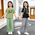 short-sleeve lightweight set: stylish and casual plaid outfit for girls (sizes for mid-to-large children) - new summer two-piece set with plaid pants