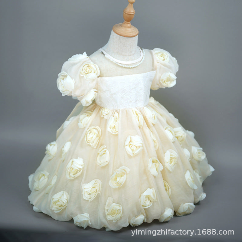 Kids' birthday cake dress - 3d floral bud, stylish little girl princess dress, girls' dress, new european and american cross-border style