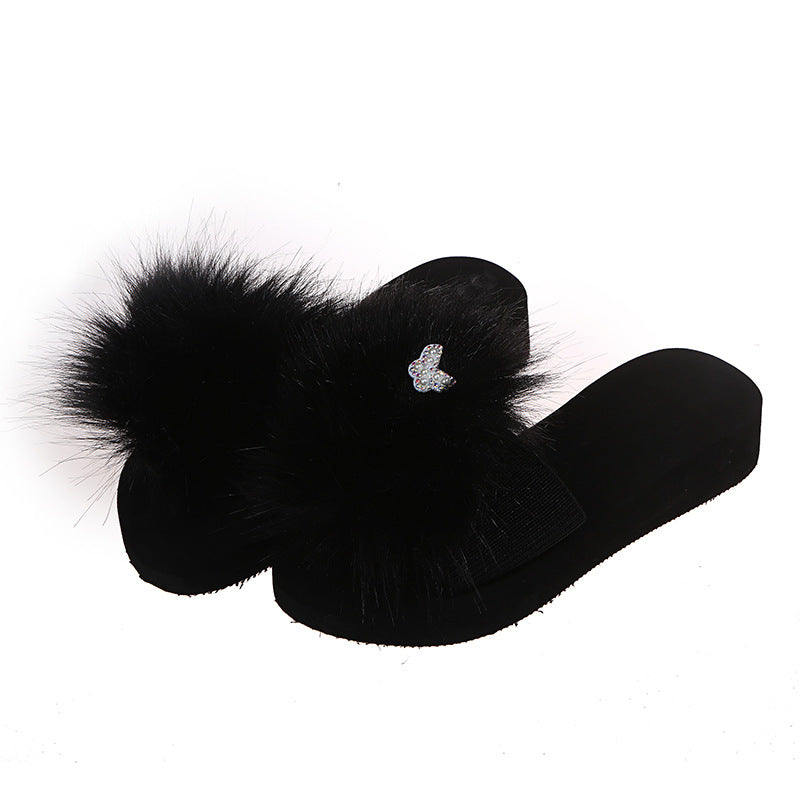 Spring/summer new women's european and american fashion faux fox fur slippers korean style outdoor one-strap slides home furry fur slippers