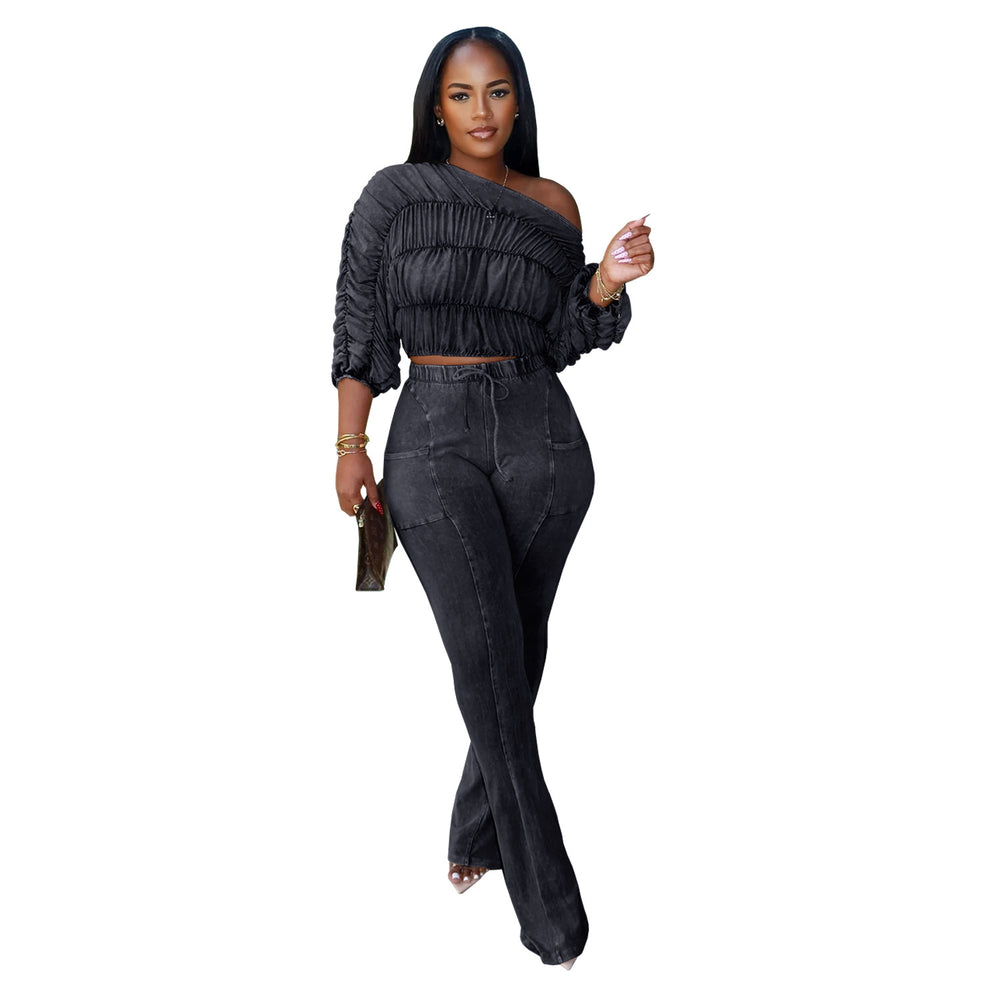 C7568 cross-border   fashion women's distressed one-shoulder pleated flared casual pants set