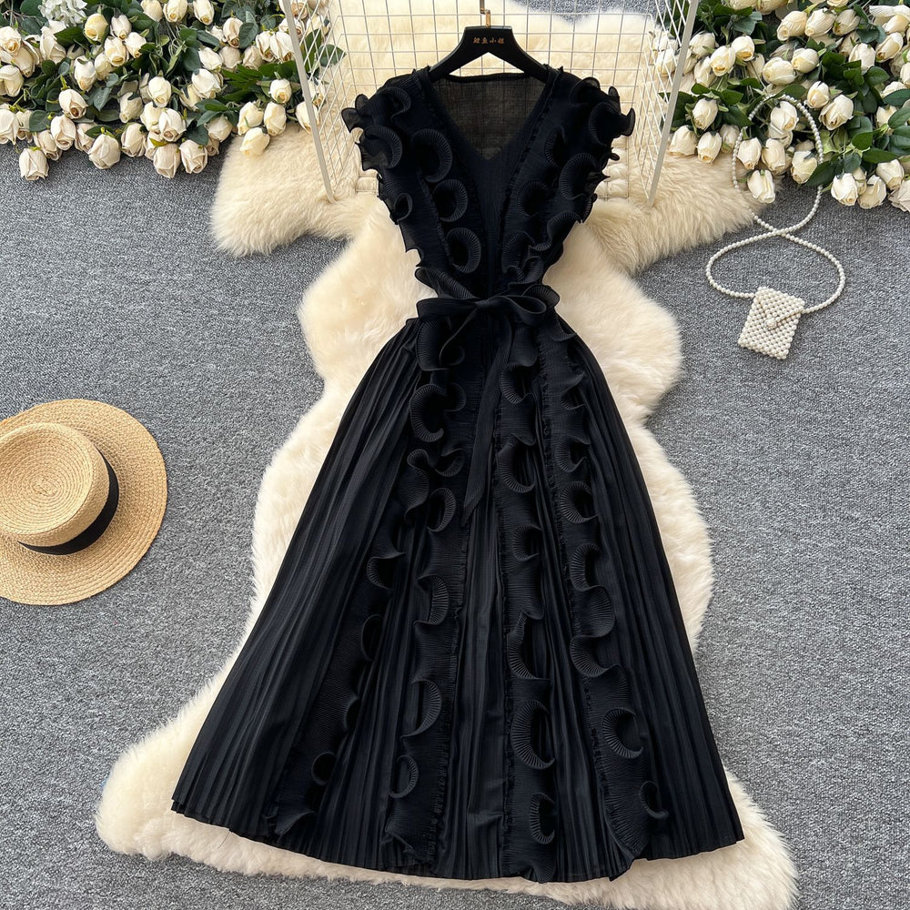 Miya pleated dress women's  summer european and american fashion 3d lace tie waist sleeveless pleated maxi dress
