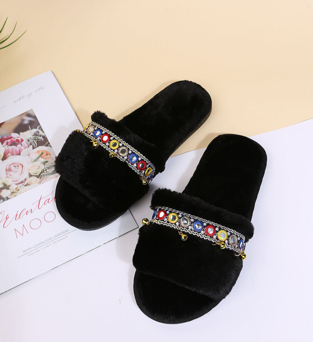 autumn and winter new arrival one-line soft bottom ethnic style fur slippers women's foreign trade large size fur ball heattech cotton dropshipping