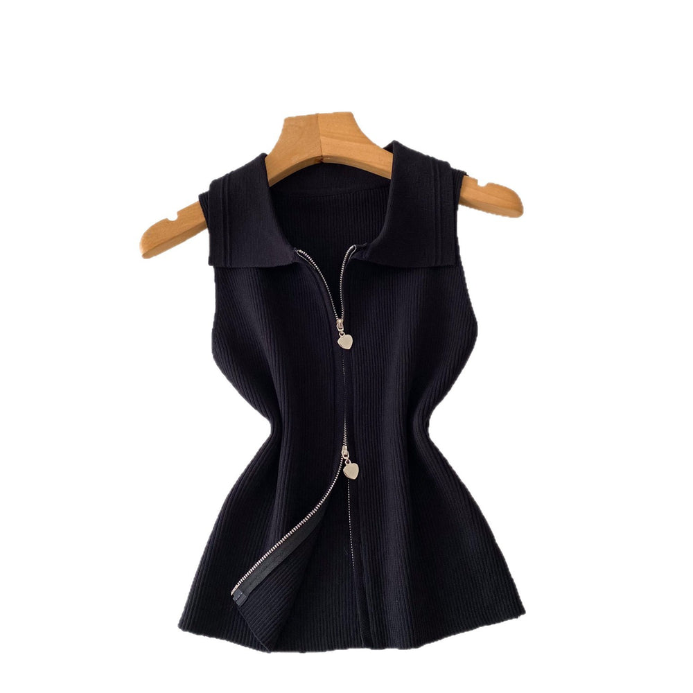 Korean style commute chic: women's summer slim-fit sleeveless knit vest with polo collar and zipper detail