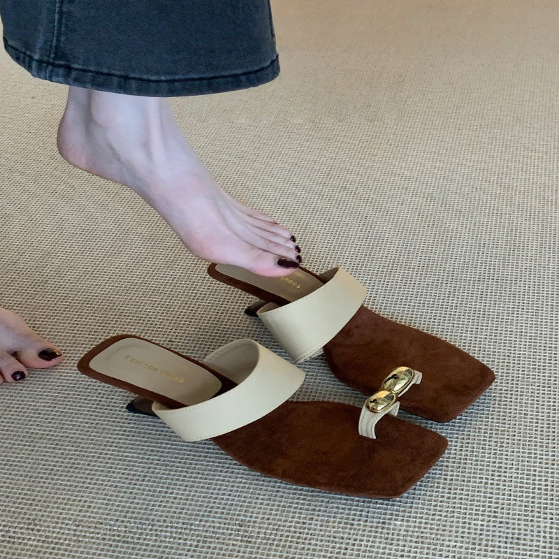 2026 new summer niche square-toe thong sandals with skirt, french wedge heel, slip-on mules, women's outdoor shoes