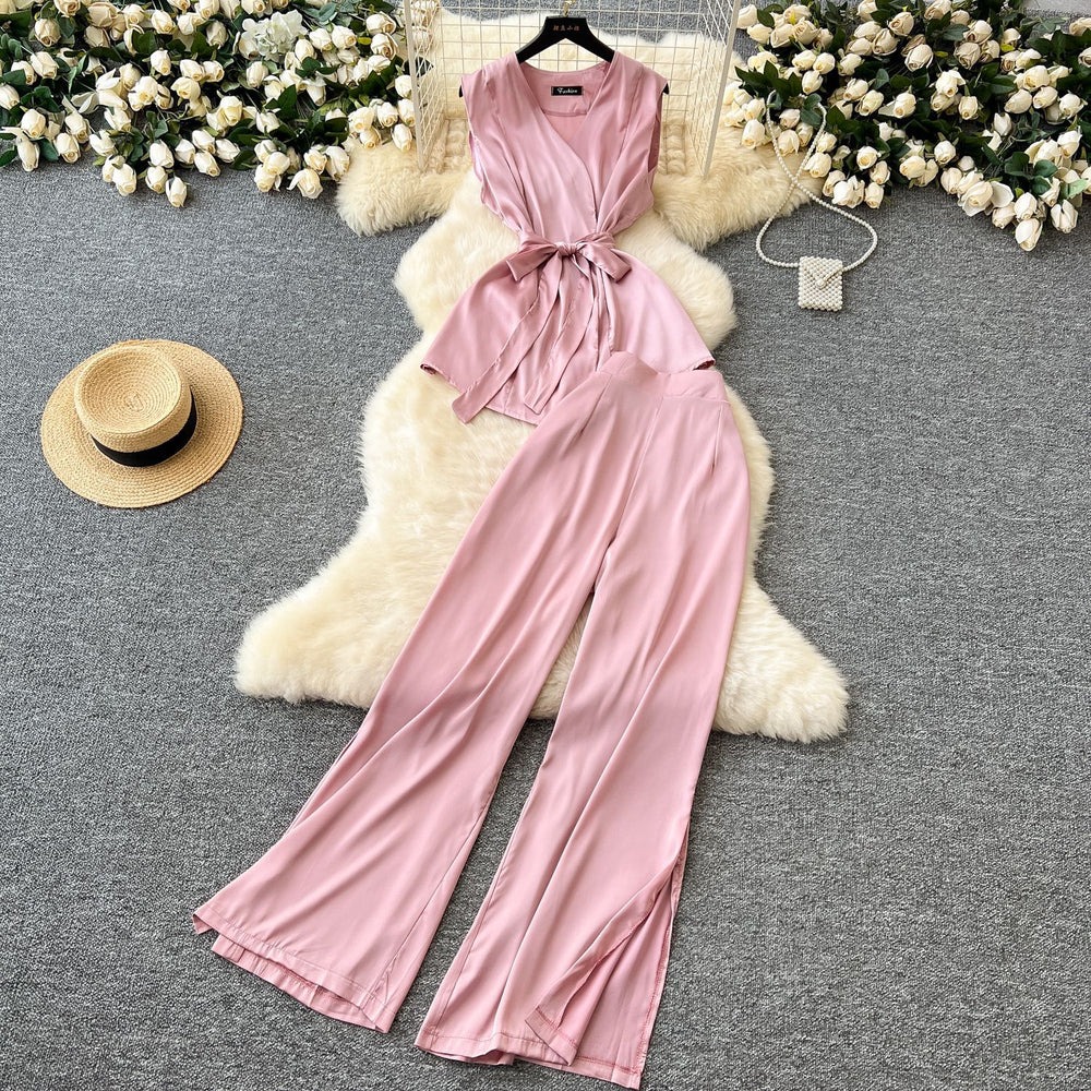 Light mature style summer dress for women new arrivalsense of design strap waist sleeveless satintopshigh waist slit mop pants pants