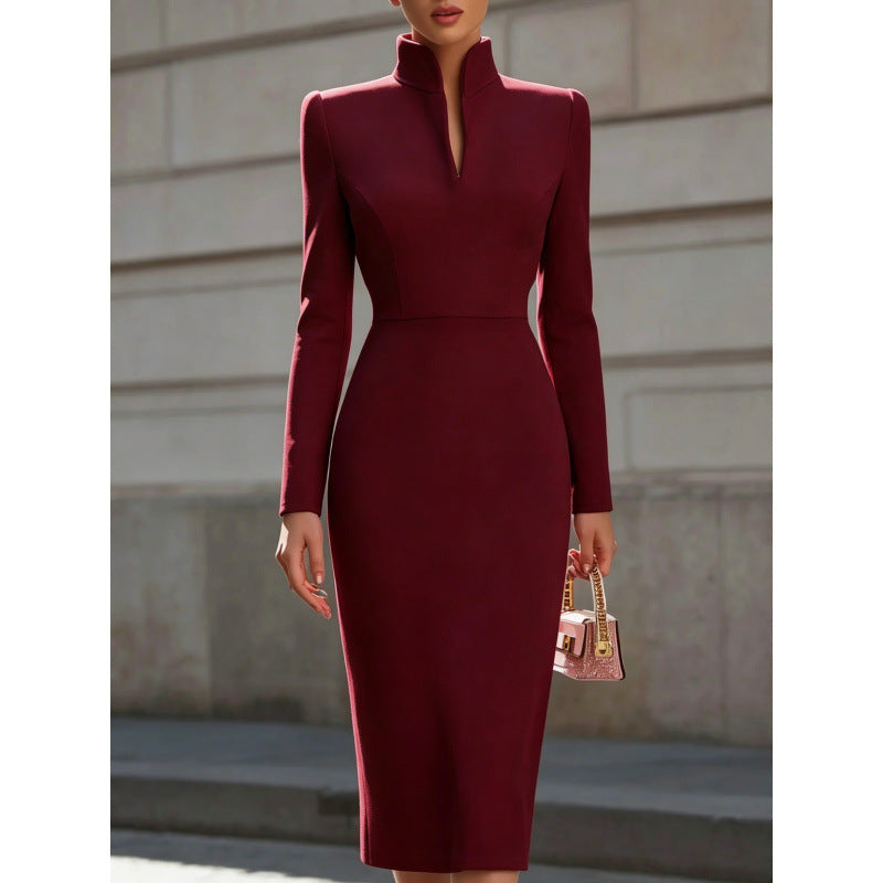 European and american new arrival: slim-fit solid color stand collar long sleeve elegant commute dress / formal dress