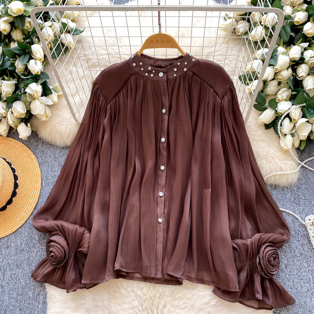 French style gentle flare sleeve diamond embellished pleated blouse - women's korean style breathable loose fit slimming elegant commute top