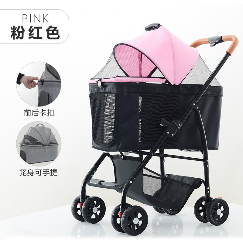 Lightweight foldable pet stroller cat dog carrier with detachable cage, portable small pet carriage with handbag and pet bed