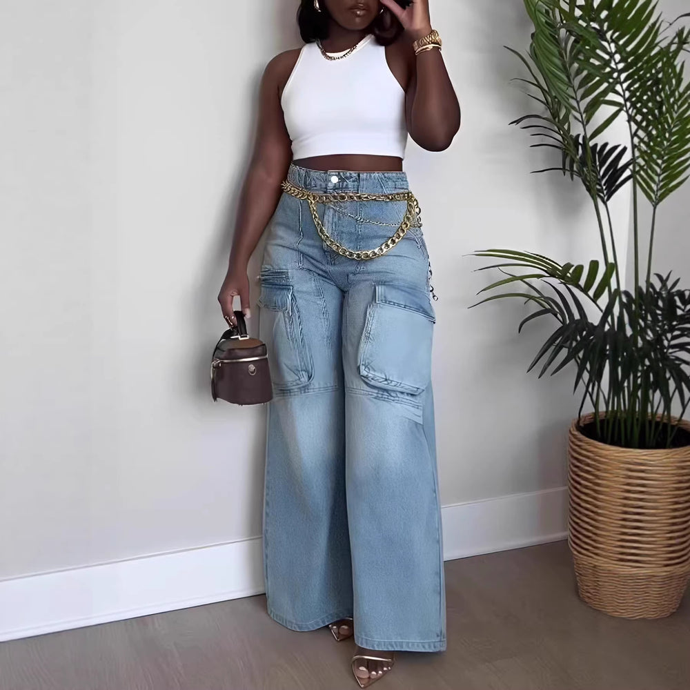 new european and american cross-border  independent station foreign trade women's pants workwear pocket fashion jeans women