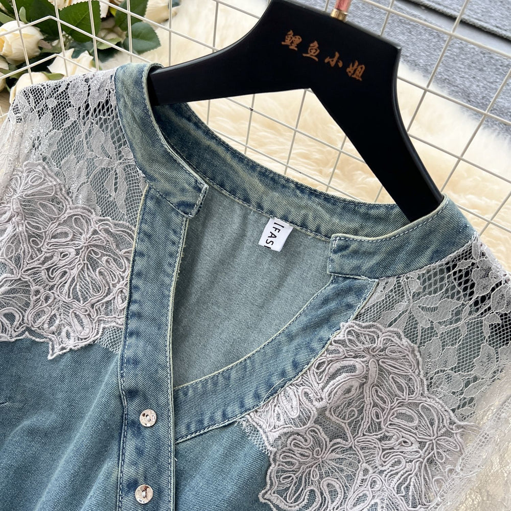 Sophisticated style niche styleretrov necklacepatchwork short-sleeved waist denim dress women's summer silm slit long skirt