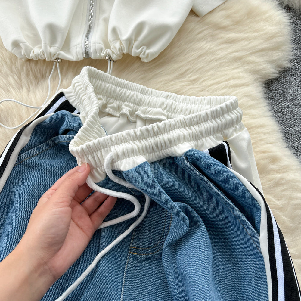 Fashionsuit women's  summer hong kong style drawstring waist short contrast color stand collar tops high waist denim loose pants