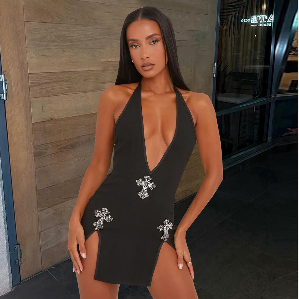 9964DHD  popular 2024 summer new product lace-up halter split deep V hot drill European and American dress women