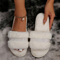 Trendy fuzzy slippers for women - new autumn/winter 2024 collection - rhinestone embellished, flat, casual, one-strap indoor cotton slippers