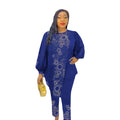 e-commerce  african women's plus size beaded and rhinestone irregular top + pants two-piece set