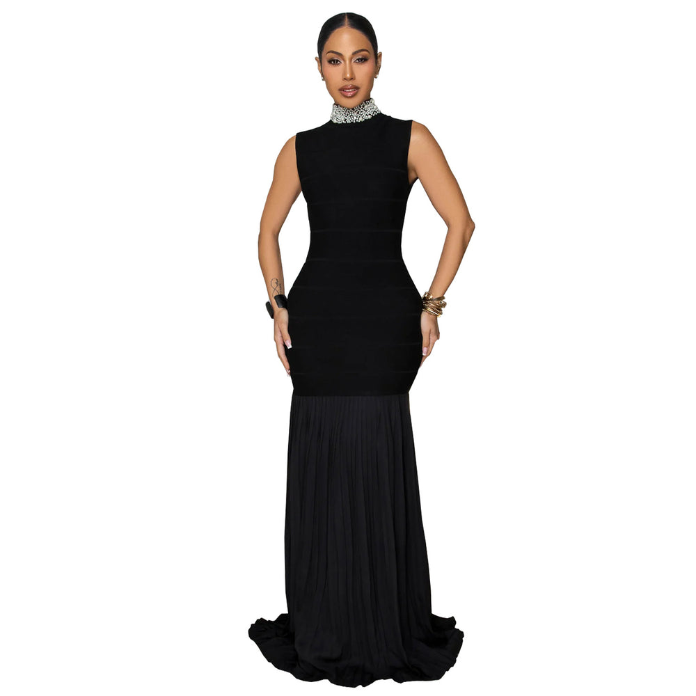 C7409 cross-border   fashion women's patchwork pleated elegant slim-fit beaded dress