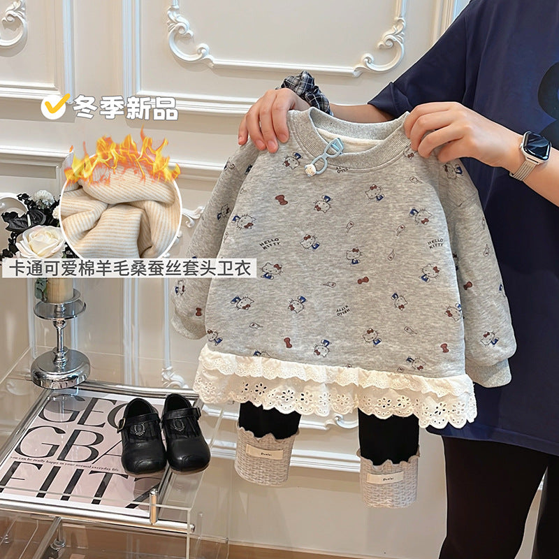 New autumn/winter girls' fleece-lined sweatshirt, thickened base layer top, trendy baby girl's top, children's clothing (ages 6-12)