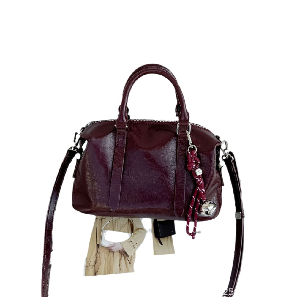 2024 fall/winter new women's bag: oil wax leather boston pillow bag - vintage, casual, versatile handbag & crossbody bag