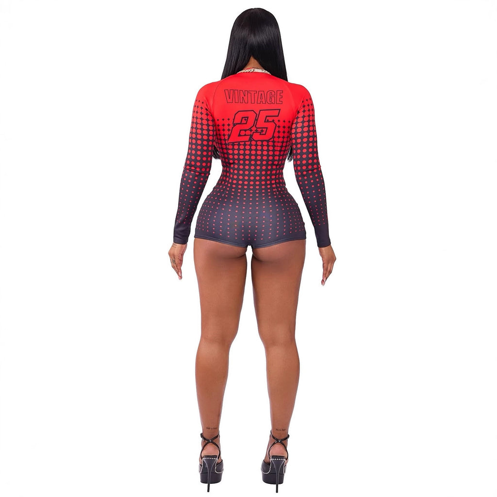 Early autumn new European and American  popular fashion versatile spot printing sexy zipper cardigan long-sleeved jumpsuit women