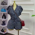 European and american cross-border women's fashion:  summer new arrival - chic v-neck striped short-sleeve shirt and high-waisted shorts set