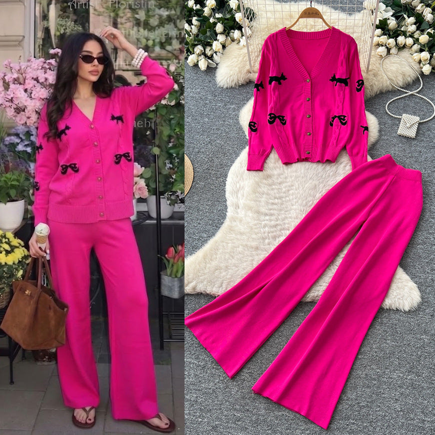 Fashionexportv necksweetcardigantopsloose pantsknittingtwo-piece setfemalefall and winter silmelegantsuit