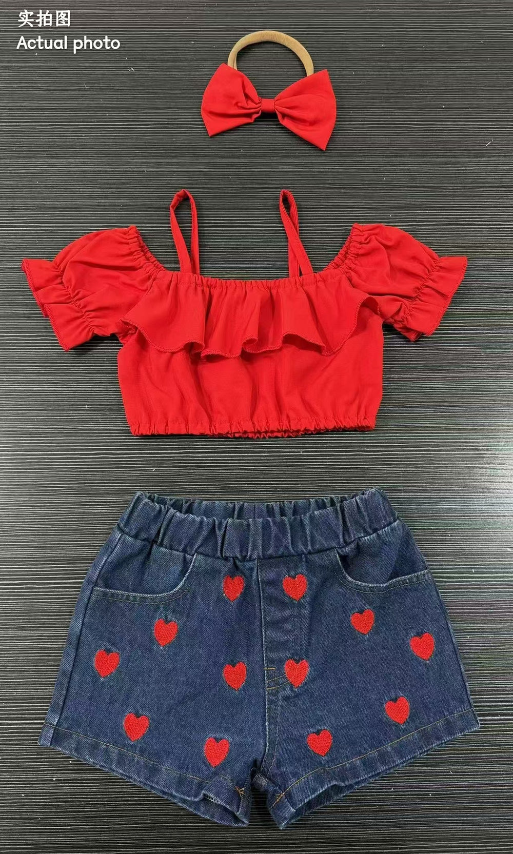 hot selling baby girl one shoulder ruffle suspender tops+love embroidered denim short suit with headscarf