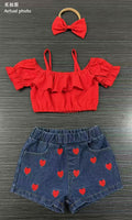 hot selling baby girl one shoulder ruffle suspender tops+love embroidered denim short suit with headscarf