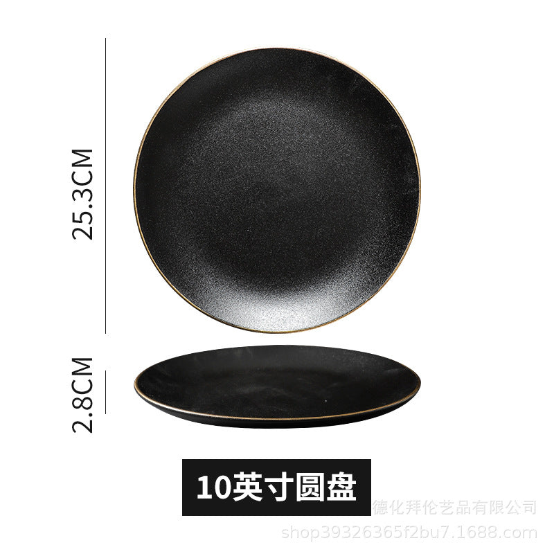 Steak plate western dinner plate creative black matte gold rim steak plate commercial ceramic tableware western dinner plate