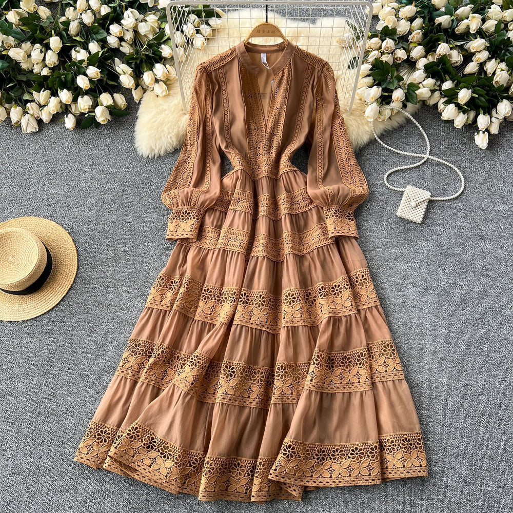 Frenchretrov necklacepatchwork waist long sleeves large swing dress women slimming lookclassyelegancelong skirt