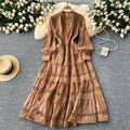 Frenchretrov necklacepatchwork waist long sleeves large swing dress women slimming lookclassyelegancelong skirt