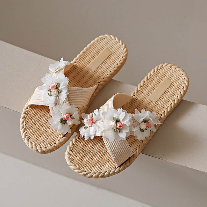 Fabric flower three-flower flip-flops women's summer outwearfashionabrasion resistantnon-slip cross-strap flats beach shoes women's sandals