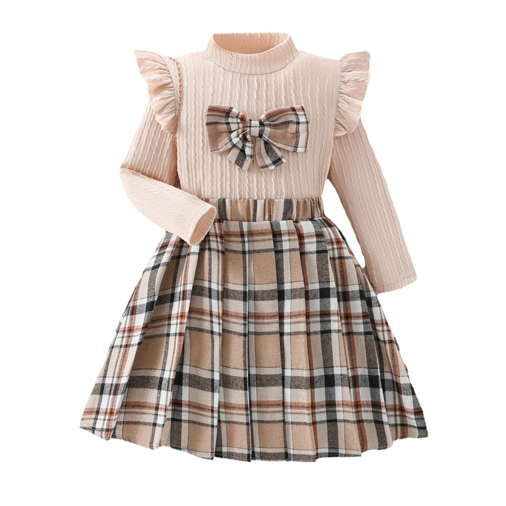 Autumnexportgirlknittingsweatshirtlong sleevesstripessuit skirt european plaid skirt kidstwo-piece setpleated skirt