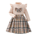 Autumnexportgirlknittingsweatshirtlong sleevesstripessuit skirt european plaid skirt kidstwo-piece setpleated skirt